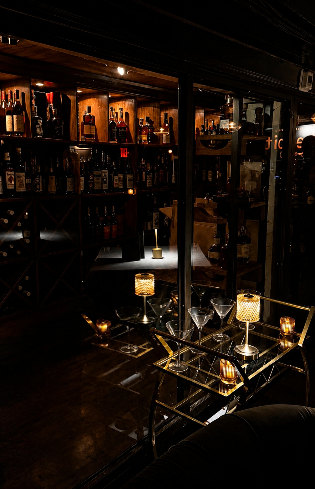 the bit's basement lounge — green velvet chesterfields, candlelit marble tables, burnt-orange curtain